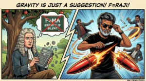 A funny comic panel showing Sir Isaac Newton looking confused under an apple tree on the left, and Rajinikanth slicing a bullet in half with a pocket knife on the right.