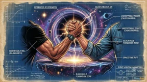 Schematic blueprint showing the cosmic arm-wrestling clash between Rajinikanth and Chuck Norris creating a massive black hole vortex.