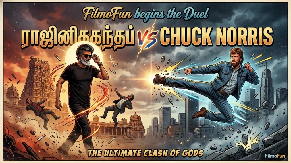 Rajinikanth vs Chuck Norris cinematic meme duel with Rajni flipping sunglasses in front of a South Indian temple and Chuck Norris delivering a roundhouse kick against a Hollywood skyline.