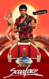 Cinematic color poster of Scarface featuring Al Pacino with a gun, a woman by the mansion pool, and a pet lion to illustrate iconic Al Pacino quotes