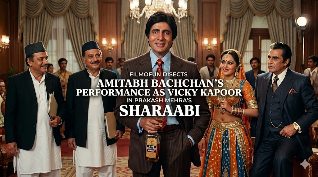 Sharaabi movie Amitabh Bachchan performance as Vicky Kapoor with Jaya Prada, Pran, and Om Prakash as Munshi Ji.