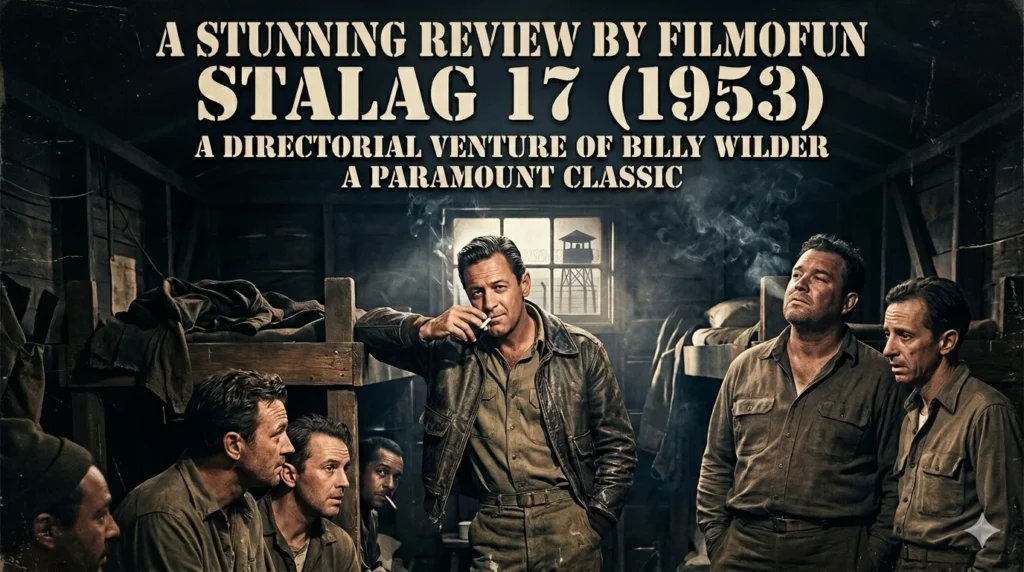 Cinematic poster for Stalag 17 movie review by Filmofun featuring American POW characters inside a WWII barracks compound.