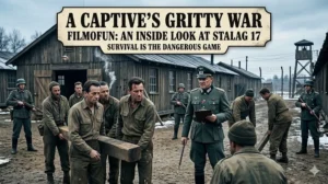 American POWs performing hard labor in the muddy outdoor yard of Stalag 17 while a German officer supervises with a clipboard.