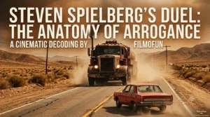 A giant vintage fuel tanker truck chasing a small red sedan on a dusty California desert highway, illustrating Steven Spielberg Duel Review.