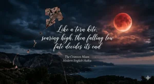 A tattered red kite drifting through a dark, cloudy night sky next to a glowing crimson moon, featuring the text of a modern English haiku poem about fate.