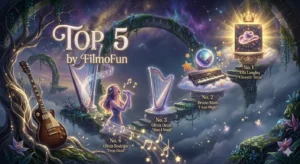 A magical countdown path graphic mapping out the top 5 hottest songs on the Billboard charts from number 5 up to number 1 by FilmoFun.