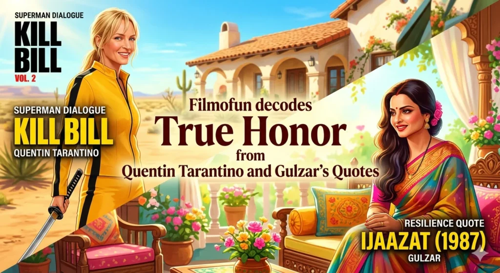 Split-screen cinematic poster representing Kill Bill and Ijaazat for a film breakdown on true honor.