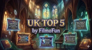 A fantasy-style cinematic infographic inside a grand hall displaying the UK Top 5 charts breakdown by FilmoFun, featuring scrolls for Sam Fender, Olivia Rodrigo, Michael Jackson, The Chemical Brothers, and Tame Impala.