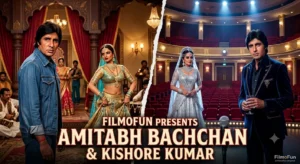 Cinematic split poster of Amitabh Bachchan with Rekha in Muqaddar Ka Sikandar and Jaya Prada in Sharaabi by FilmoFun.