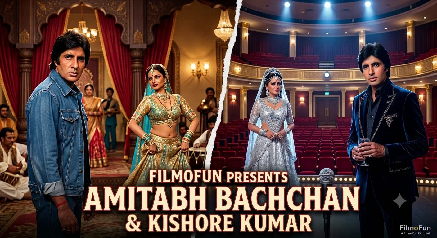 Cinematic split poster of Amitabh Bachchan with Rekha in Muqaddar Ka Sikandar and Jaya Prada in Sharaabi by FilmoFun.