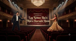 A theatrical production poster featuring Amitabh Bachchan in a suit and Jaya Prada in a lehenga on stage in an ornate, empty opera house with text that reads 'Log Kehtay Hain Main Sharaabi Hoon'.
