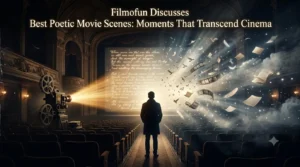 A silhouette of a person standing inside a classic vintage cinema auditorium, looking at a movie screen dissolving into handwritten poetry verses and glowing light particles for best poetic scenes.