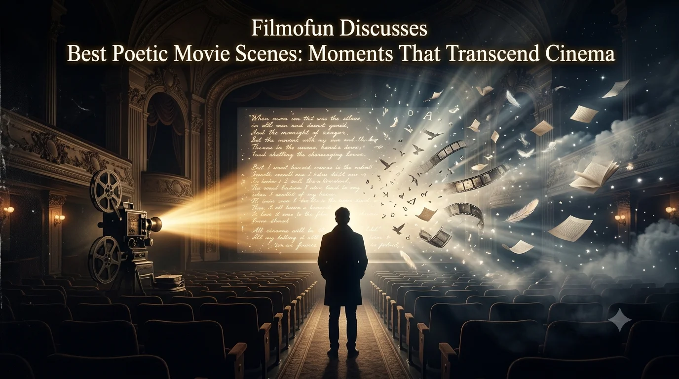 A silhouette of a person standing inside a classic vintage cinema auditorium, looking at a movie screen dissolving into handwritten poetry verses and glowing light particles for best poetic scenes.