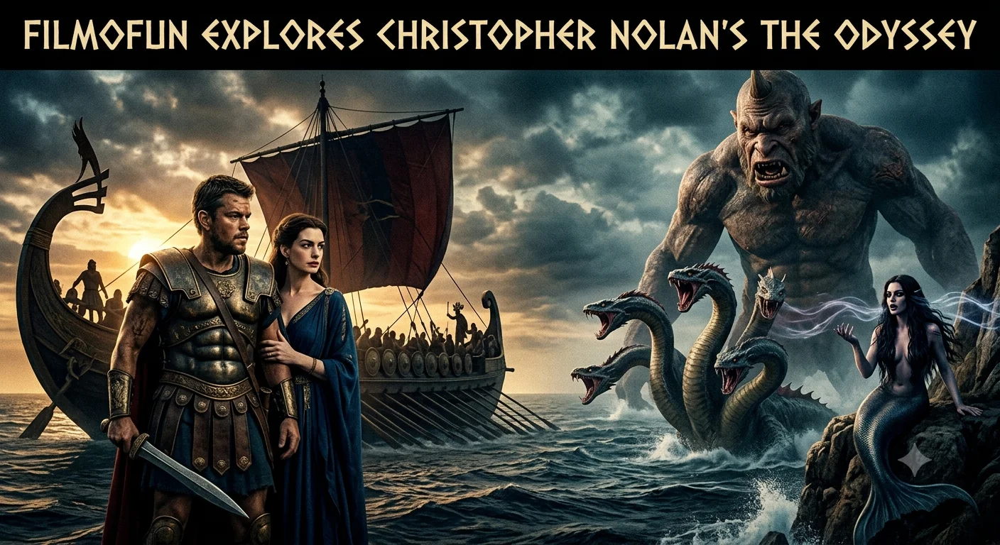 A cinematic banner for Christopher Nolan's The Odyssey featuring Odysseus, Penelope, Polyphemus the Cyclops, Scylla, and a Siren by a Greek ship in stormy waters.