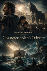 Cinematic feature image for Christopher Nolan's The Odyssey featuring Odysseus, Penelope, and Telemachus standing in front of a massive practical Trojan Horse on a stormy battlefield.