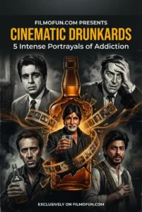 A dark cinematic poster featuring five intense alcoholic characters in cinema: Dilip Kumar in Daag, Amitabh Bachchan in Sharaabi, Shah Rukh Khan in Devdas, Nicolas Cage, and Ray Milland around a shattered bottle.