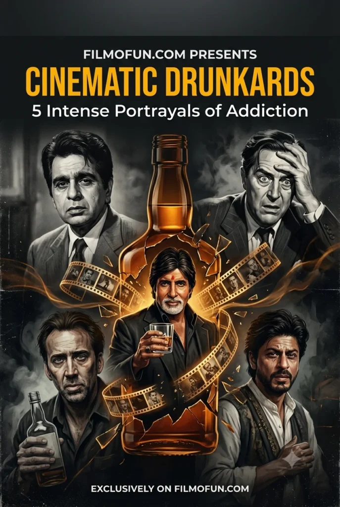 A dark cinematic poster featuring five intense alcoholic characters in cinema: Dilip Kumar in Daag, Amitabh Bachchan in Sharaabi, Shah Rukh Khan in Devdas, Nicolas Cage, and Ray Milland around a shattered bottle.