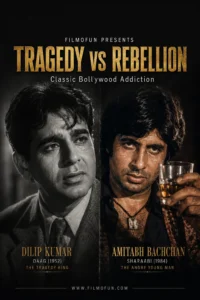 Dilip Kumar as Shankar in Daag and Amitabh Bachchan as Vicky Kapoor in Sharaabi portraying iconic alcoholic characters in Indian cinema.