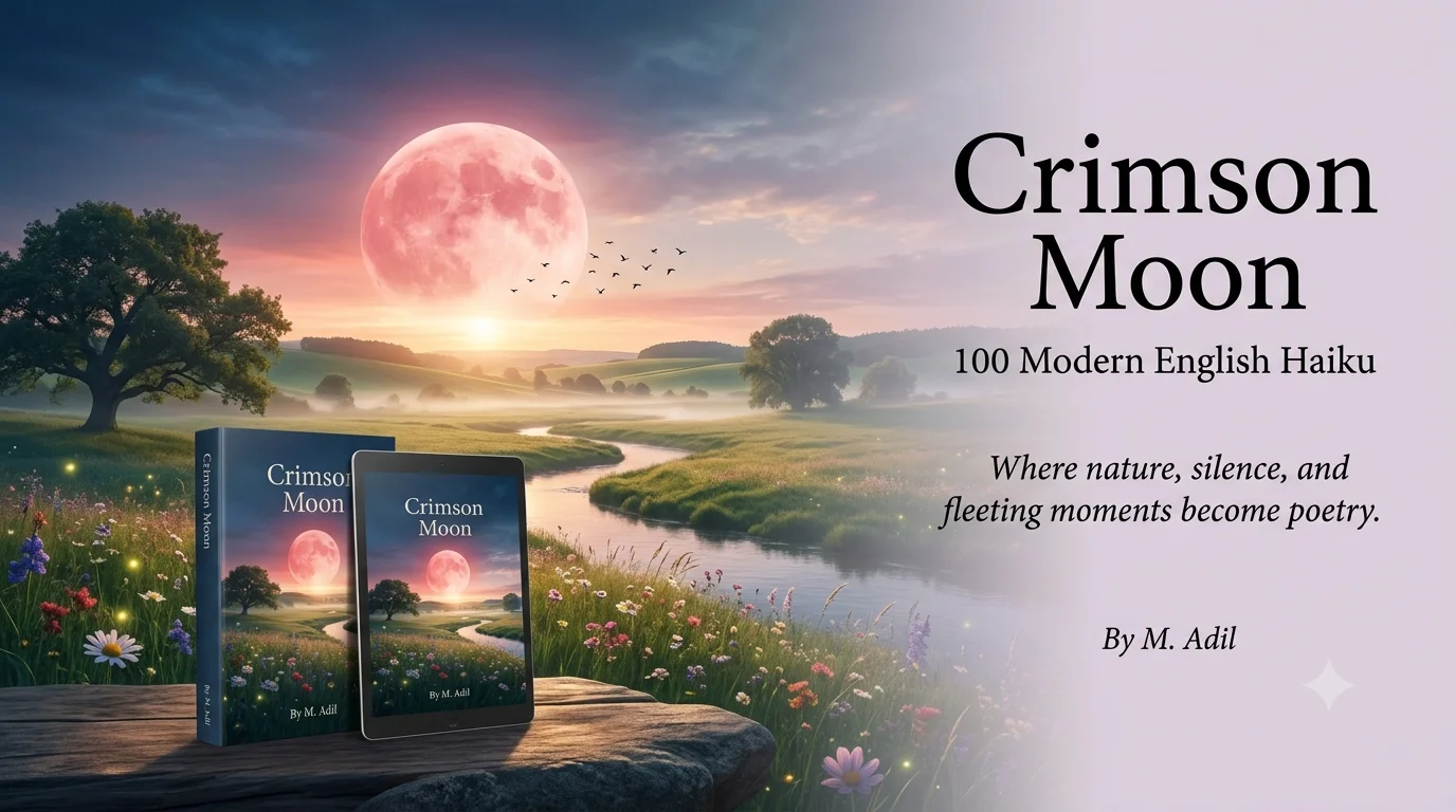 Official featured image for Crimson Moon: 100 Modern English Haiku by M. Adil, featuring a dreamy crimson moon above a peaceful countryside with the Kindle and paperback editions of the book.