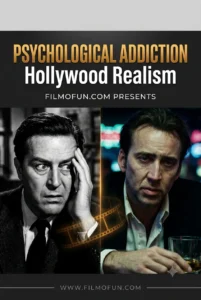 A vertical cinematic poster featuring a split-screen layout of Ray Milland in The Lost Weekend on the left and Nicolas Cage in Leaving Las Vegas on the right, portraying realistic acting styles of substance dependence.