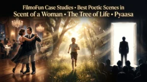 A cinematic digital painting collage blending three iconic movie moments: a couple dancing tango in a warm restaurant, a young boy running through sunlit tall grass, and a dark silhouette standing before a bright white doorway.
